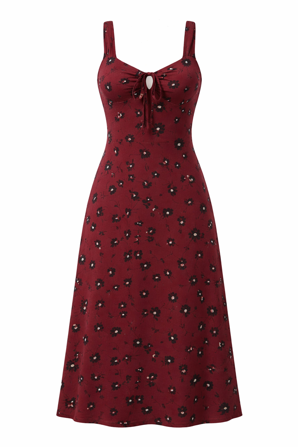 Red dress with black floral pattern