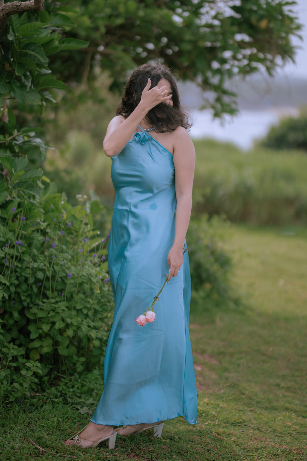 Blue Satin Maxi Dress
