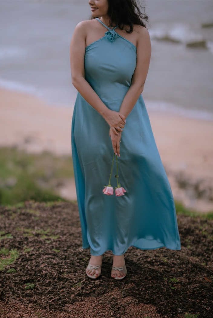 Blue Satin Maxi Dress